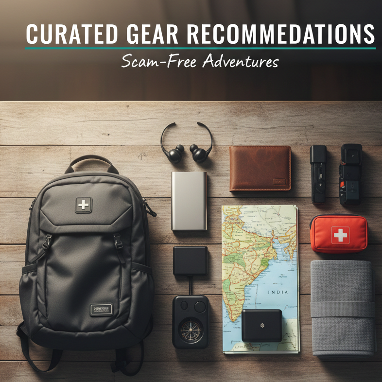 curated-travel-gear-india Curated travel gear recommendations for India, featuring a backpack, power bank, map of India, and safety essentials laid out on a wooden table.