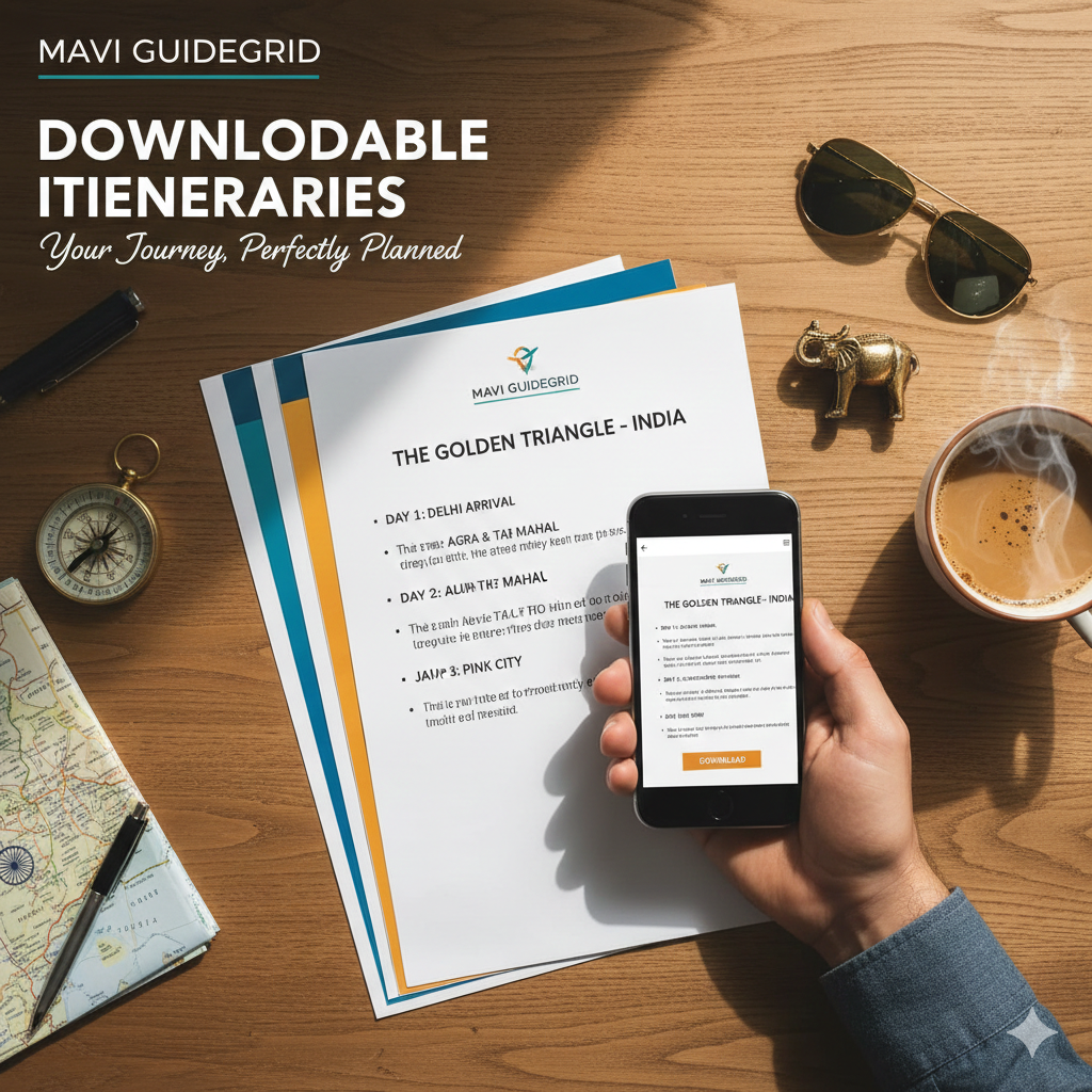 india-travel-itinerary-download Professional travel itinerary for the Golden Triangle in India, shown as a printed document and on a smartphone screen, featuring a coffee cup, map, and compass on a wooden desk