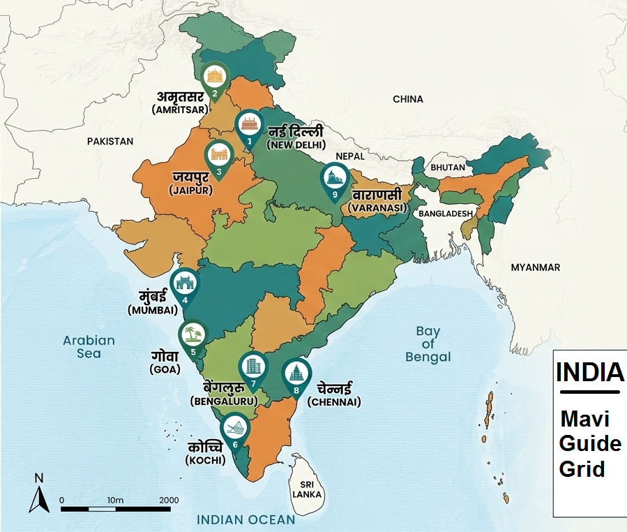 india travel map mavi guidegrid destinations A professional vector map of India with teal pins on nine key cities, including New Delhi, Amritsar, Mumbai, and Goa. Customized for Mavi Guidegrid destination guides and scam-free itineraries.