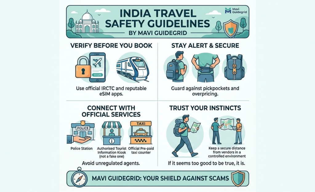 india travel safety guidegrid mavi security A professional vector illustration for Mavi Guidegrid, visualizing India travel safety. It shows icons for official Vande Bharat train bookings, anti-theft backpacks, situational awareness, and secure eSIM connectivity.