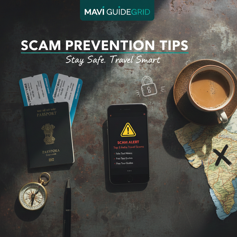 india travel scam prevention tips Travel safety essentials for India, featuring an Indian passport, a compass, and a smartphone displaying a "Scam Alert" guide for tourists, laid out on a dark textured table next to a cup of tea.