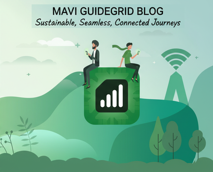 A futuristic digital banner for the Mavi Guidegrid blog, featuring a glowing blue eSIM chip surrounded by connectivity icons representing secure travel, internet access, and data security in India.