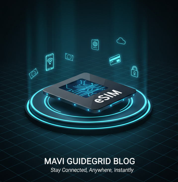 A futuristic digital banner for the Mavi Guidegrid blog, featuring a glowing blue eSIM chip surrounded by connectivity icons representing secure travel, internet access, and data security in India.