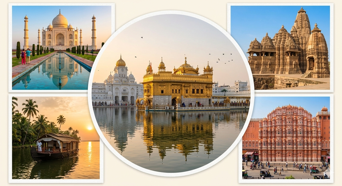 A professional travel collage for Mavi Guidegrid, featuring five popular landmarks of India. The Golden Temple is the central focus, surrounded by the Taj Mahal, Khajuraho Temples, Kerala Backwaters, and Hawa Mahal. A visual guide for planning a secure Indian itinerary.