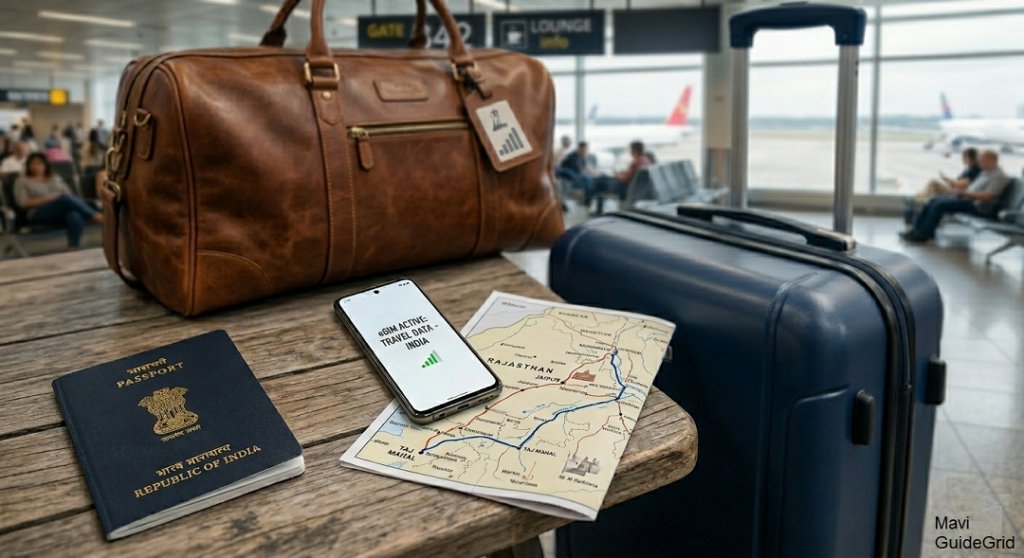 travel essentials esim passport mobile navigation guide map Close-up shot of an Indian passport, a smartphone displaying generic eSIM activation data, and a guide map on a wooden counter. Sharp focus on essential, unbranded travel tools.