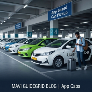 The designated app-based cab pickup area in the parking garage of Terminal 3, Delhi Airport. Follow signs for 'App-Based Taxis' to find your Uber or Ola ride safely.