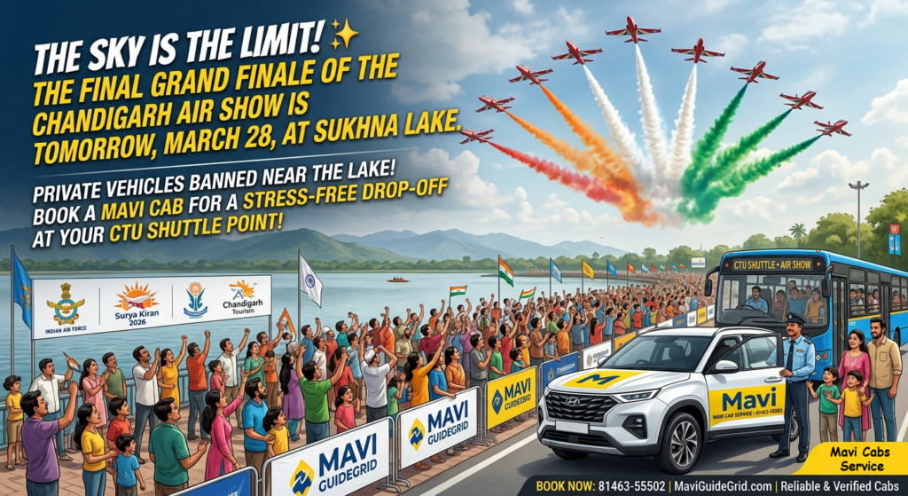 A professional Mavi Cabs Service at the Chandigarh Air Show 2026 event near Sukhna Lake.