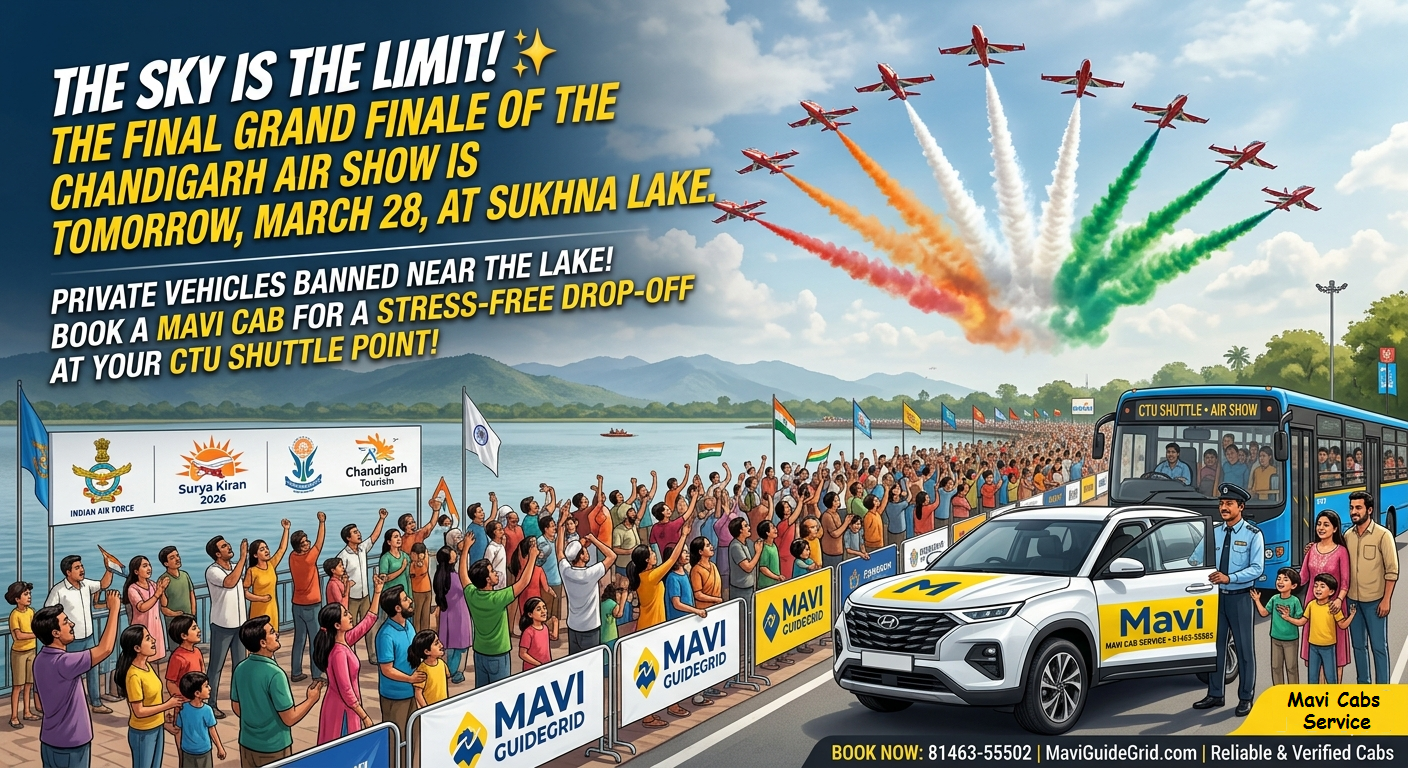 A professional Mavi Cabs Service at the Chandigarh Air Show 2026 event near Sukhna Lake.
