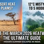 A visual comparison of a hot Indian city during the March 2026 heatwave and a cool, misty mountain retreat in India.