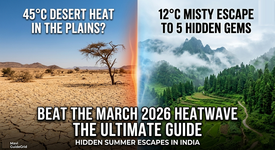 A visual comparison of a hot Indian city during the March 2026 heatwave and a cool, misty mountain retreat in India.