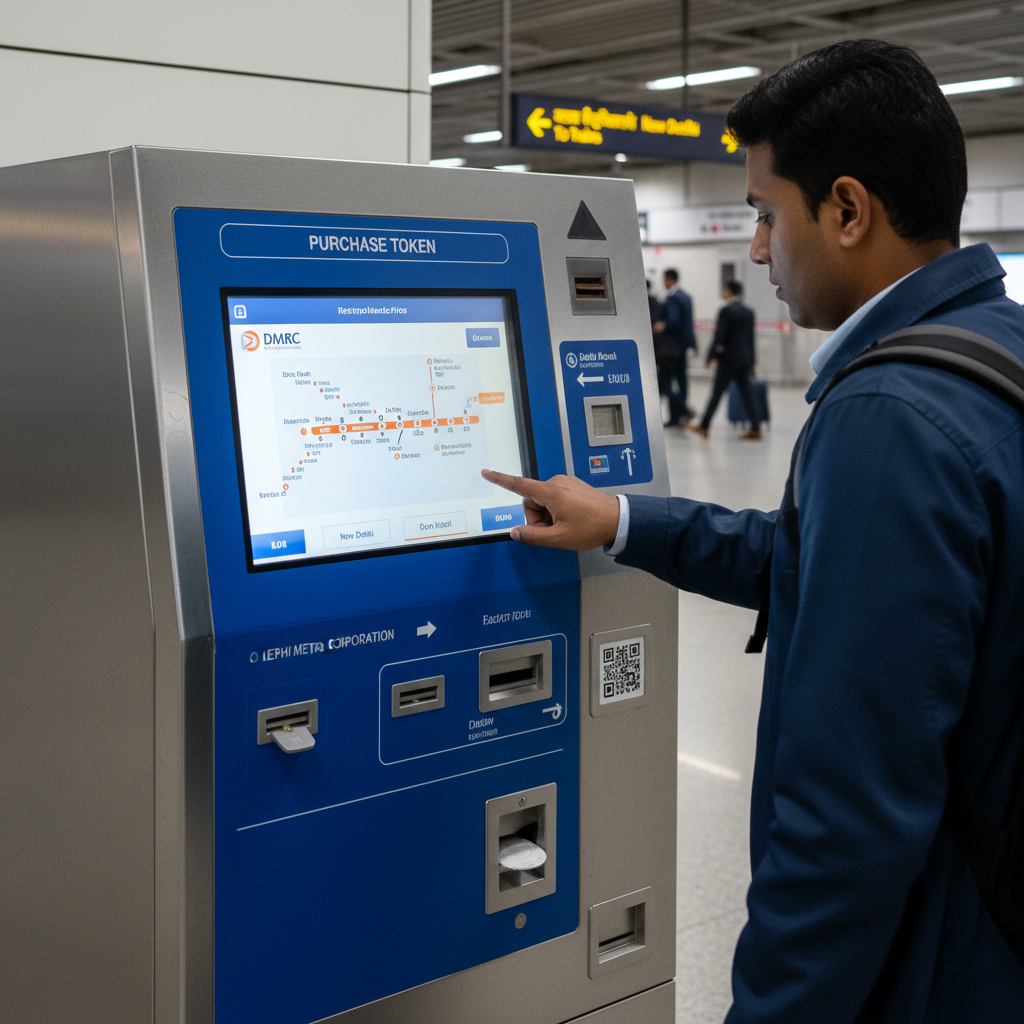 A traveler using a Delhi Metro Rail Corporation (DMRC) ticket vending machine at Delhi Airport Terminal 3 to purchase a token for the Airport Express Line to New Delhi Railway Station.