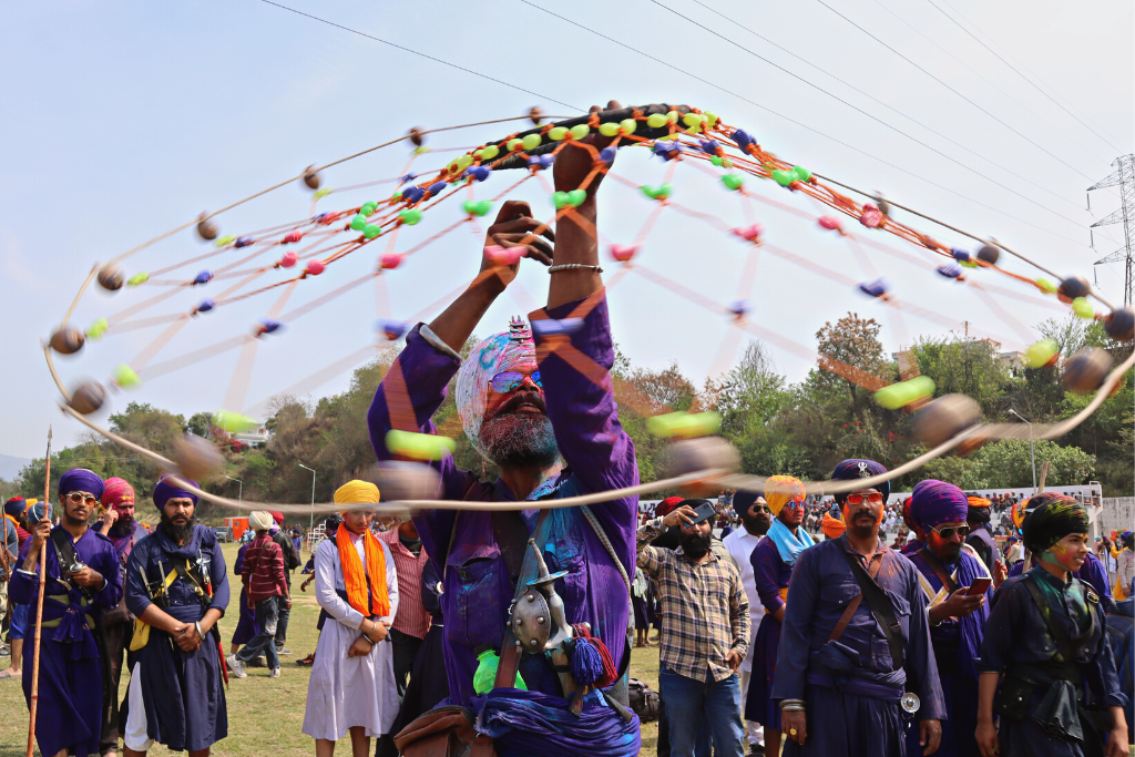 Nihang Sikhs demonstrating traditional Gatka martial arts skills during the Hola Mohalla festival in Anandpur Sahib, Punjab, 2026.