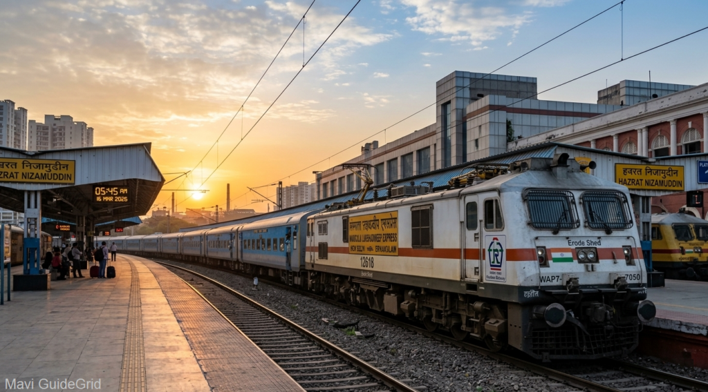 Mangala Lakshadweep Express 12618 departing from Delhi to Kerala at sunrise.