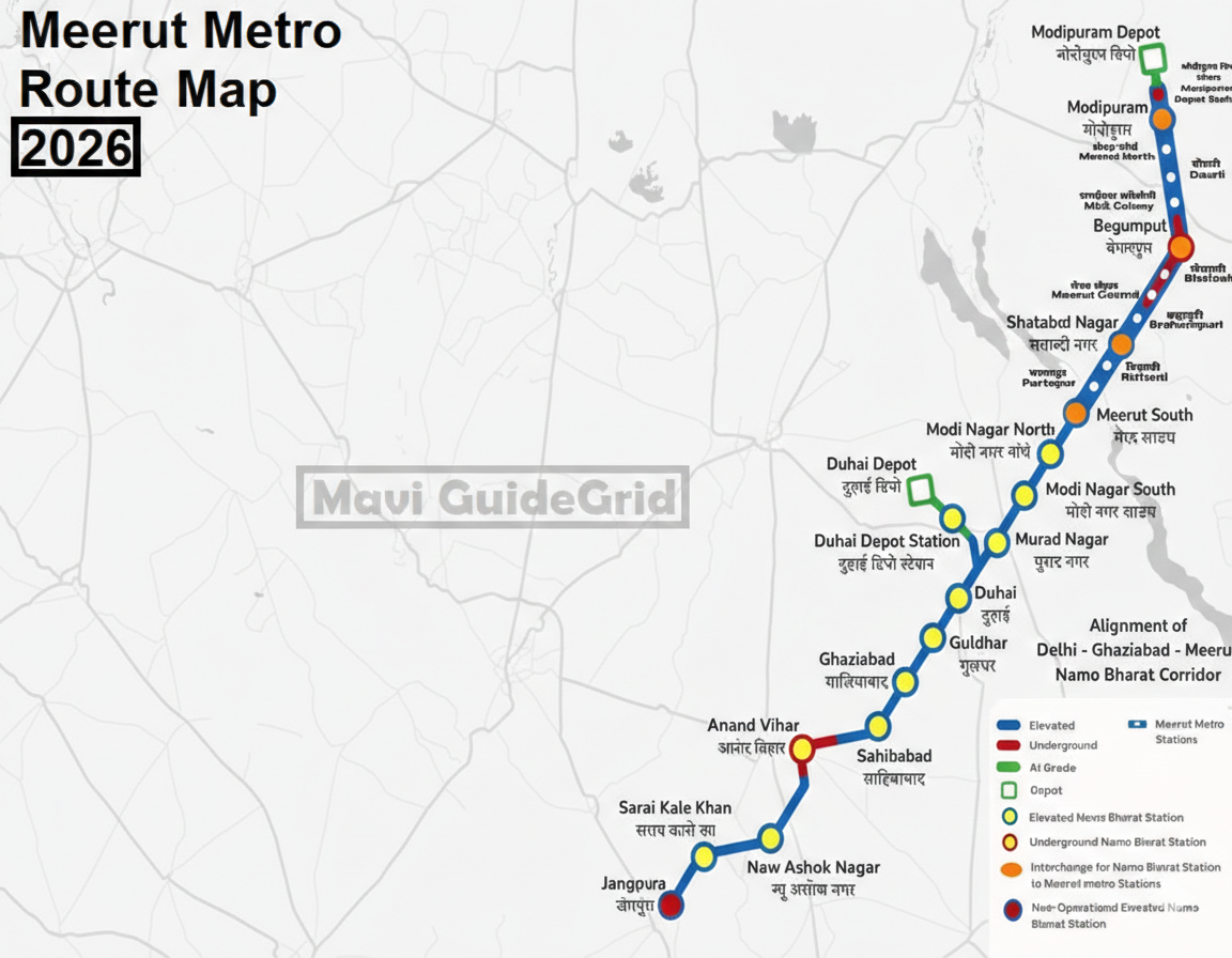 Official Meerut Metro Project route map for 2026, showing major stations including Modipuram, Meerut Central, and Begum Bridge, integrated with the Namo Bharat RRTS corridor.