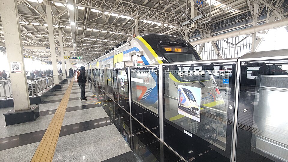 Modern air-conditioned Meerut Metro train coaches arriving at a station, featuring high-speed connectivity and passenger safety systems for the 2026 launch.