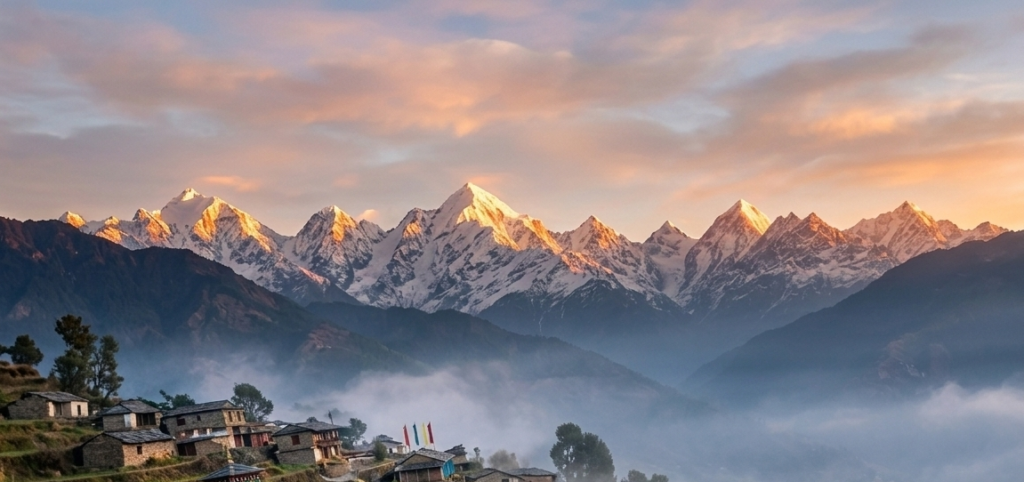 The majestic five peaks of Panchachuli glowing at sunrise or sunset.