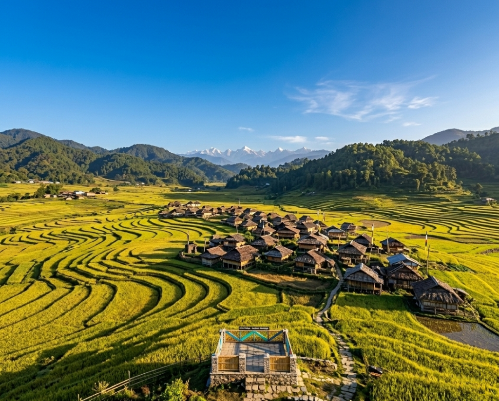 Vast and peaceful rice terraces in Ziro Valley, Arunachal Pradesh, a unique high-altitude plateau for cultural summer trips in India.